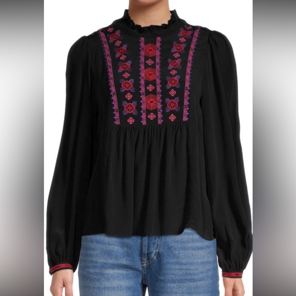 Rebecca Minkoff Womens S Black Blouse with Red and Purple Embroidery